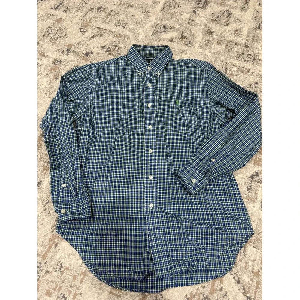 Ralph Lauren Polo Shirt Mens Medium Classic Fit Pony Long Sleeve Green BluePlaid
